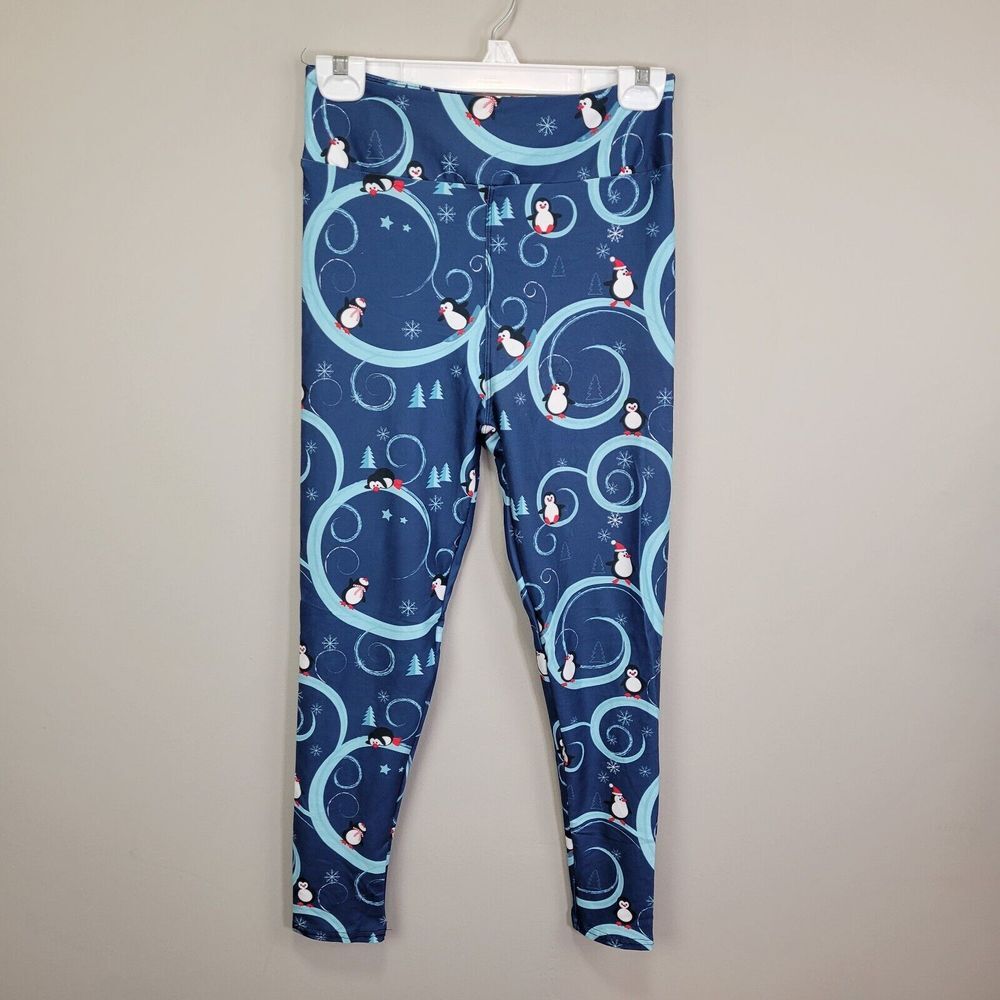 Penguins And Christmas Tree Print Polyester Spandex Blue Ankle Leggings One Size